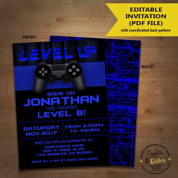 Level Up Video game birthday party invitation game on invite