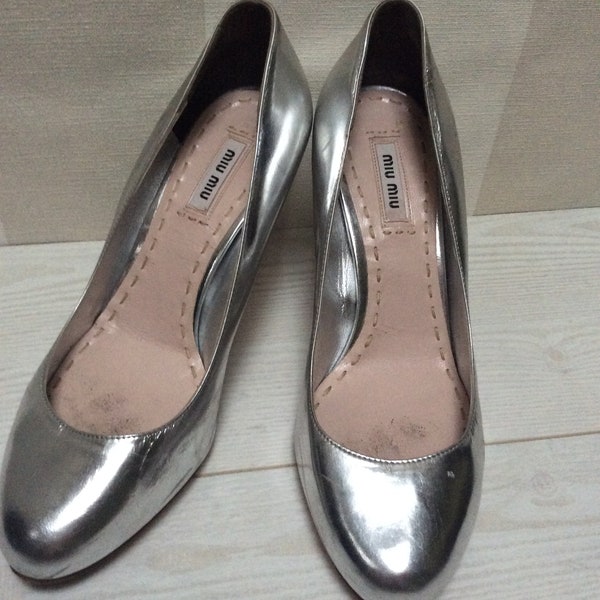 MIU MIU Cap Toe Stiletto Pumps, Metallic Silver Patent Leather Shoes, Size 37