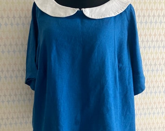 D96P Linen made in Lithuania Beautiful Blue Liben Blouse Peter Pan White Collar Women Blouse size L-XL /46 EU. Brand new