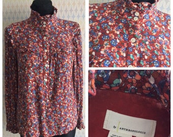 Por Anthropologie Smocked Floral Blouse High Ruffled Neck size 10 UK, 6 US