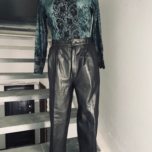 80-s Vintage Soft Leather High Waist Pants, Trousers, size S-M, 36 DE (old), Dark Brown. Made in Germany