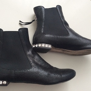 MIU MIU Crack Leather Flat Heels Ankle Boots, Rhinestone Back Zipped Booties, size 38 - 38,5