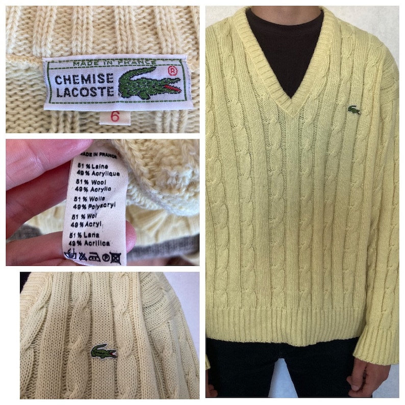 Vintage Chemise Lacoste made in France Lemon Yellow V-Neck Knitted Sweater size 6, fits modern L-XL image 1