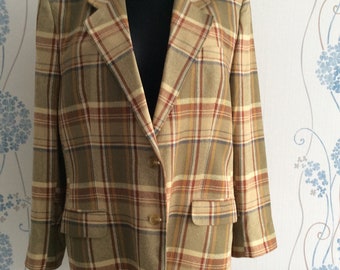 Vintage DAKS SIGNATURE Elegant Women Pure Silk Beige, Brown Plaid Blazer, Jacket Made in Great Britain size 18 UK, L. Brand New