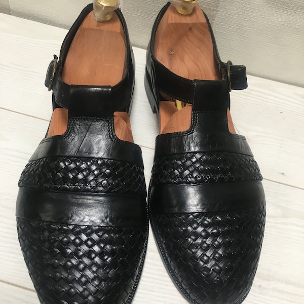 Vintage BALLY Black Woven Leather Summer Shoes, Sandals size 44, 10 UK