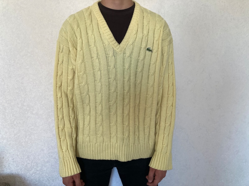 Vintage Chemise Lacoste made in France Lemon Yellow V-Neck Knitted Sweater size 6, fits modern L-XL image 2