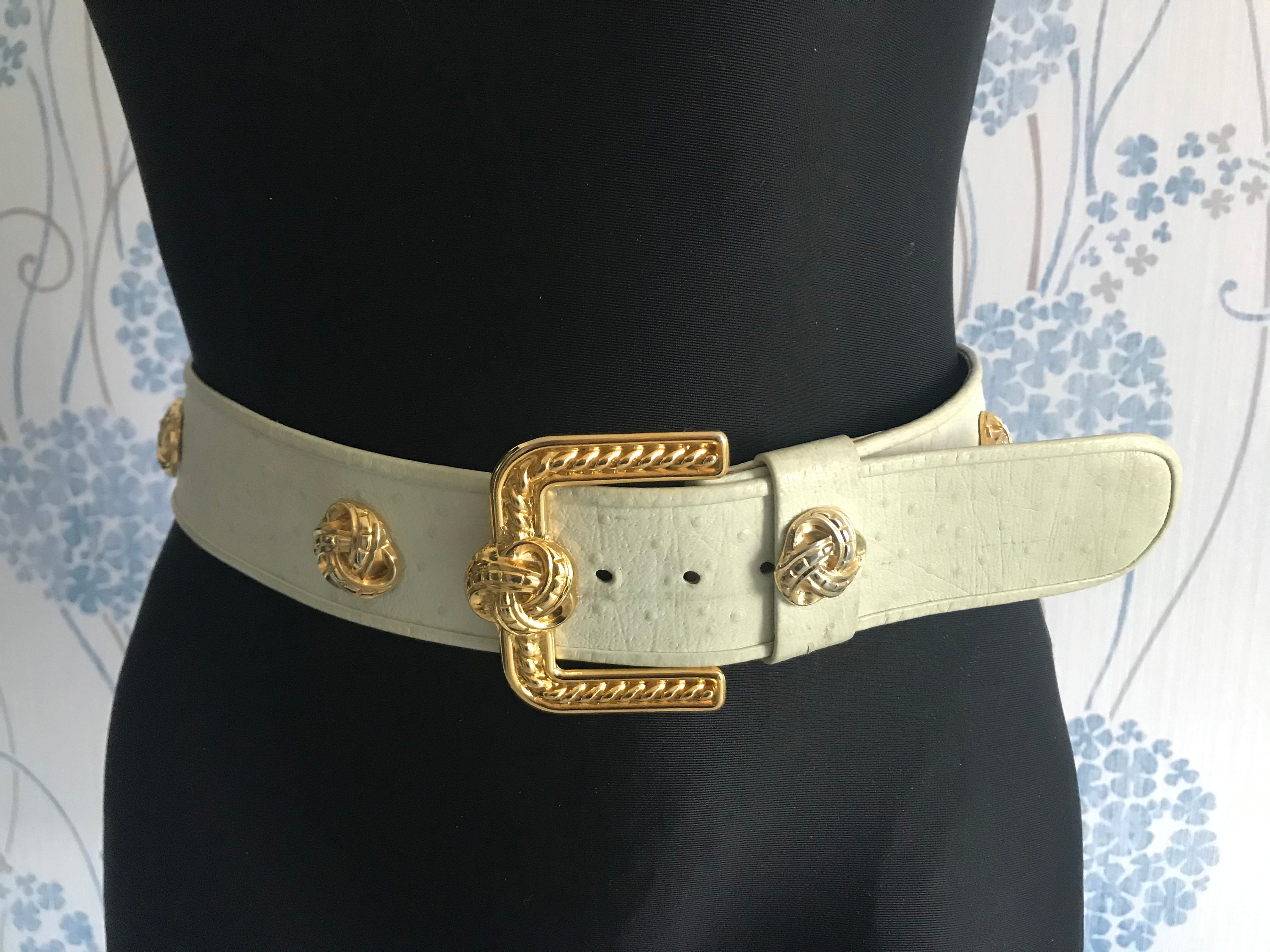 Vintage 80-s Ostrich Leather Wide Belt With Gold Metal 
