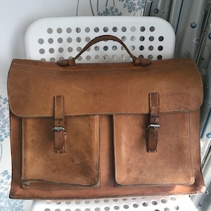 Vintage Cuir Cognac Véritable Fabriqué à la main Grand sac d’école, Sac Cartable, Porte-documents, Business Case