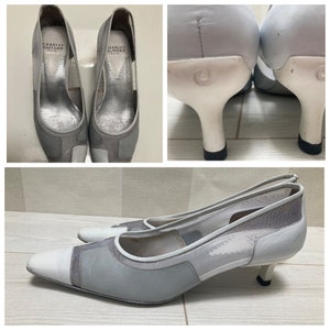 Charles Jourdan Paris Vintage Leather and Mesh Kitten Heels Shoes size 6, 36 EU. Wedding, summer party