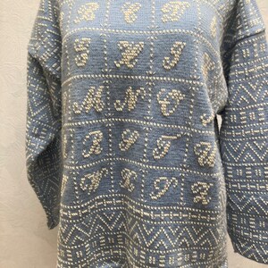 Può includere: Un maglione blu chiaro con un motivo a maglia bianca. Il motivo presenta un design ripetitivo di forme geometriche e lettere.
