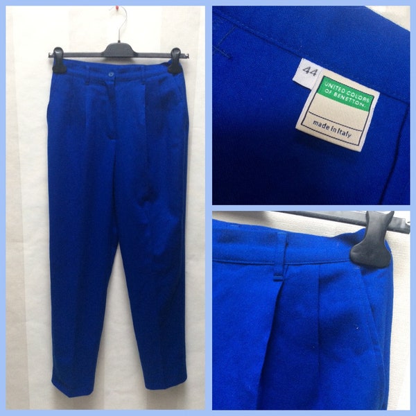 Vintage United Colors of Benetton Made in Italy Pure New Wool Cobalt Blue Pleated Front Women's Trousers, Pants. Size 44 fits M