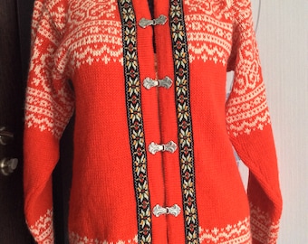 Vintage NORDSTRIKK Pure Wool Red Fair Isle Knitted Sweater Cardigan UNISEX size 42 Ladies, 48 Men