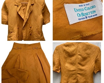 Vintage 1990s United Colors of BENETTON Linen Blend Summer Set - Blazer with Wooden Buttons, Bermuda Shorts, size S, made in Italy
