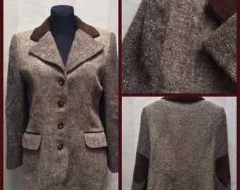 Absolu Confort Paris Zweifarbiger Tweed Wolle Blazer mit WildlederKragen und Patches, Größe M