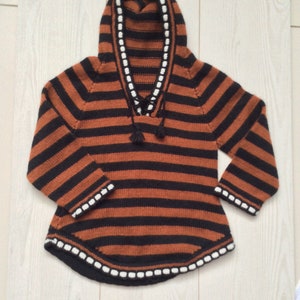 Hand knitted Soft Alpaca Kids Hooded Sweater, Tunic Brown, Black Stripes  size 104. Measurements on photos