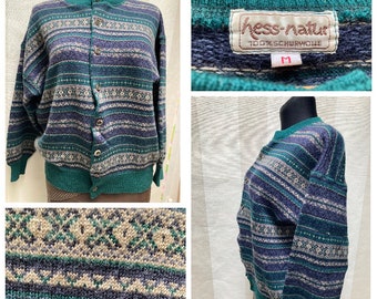 Hess-Natur Pure Wool Fair Isle Knitted Cardigan, HESSNATUR  made in Denmark Colorful Sweater size M