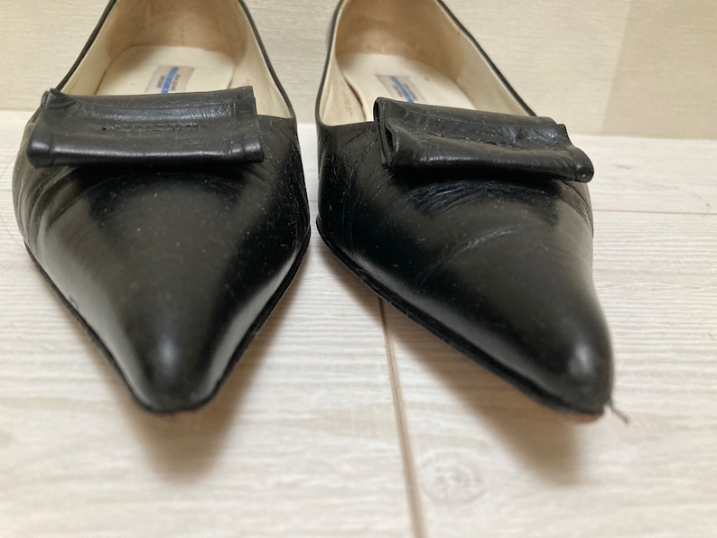 Y2K Bon Genie Grieder Black Leather Pointed Toe Kitten Heel Pump Shoes, Bow Front Detail size 36, US 5, UK 3 image 9