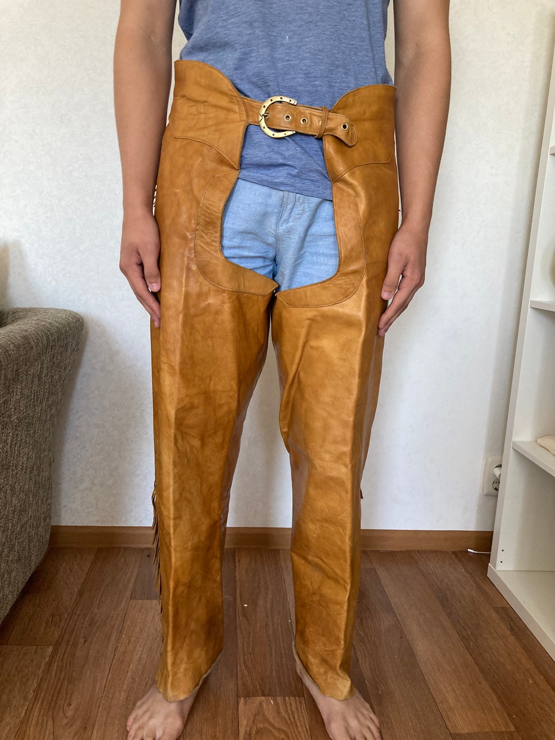 Handmade JH Rodeo Chaps, Leather Bull Riding Pants With Fringed Sides ...