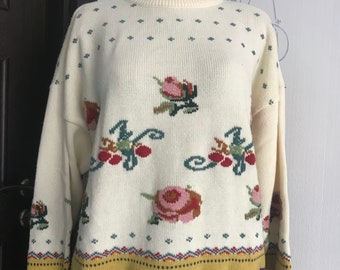 Naf Naf Pull Vintage 90s Wool Mix Oversized Sweater Jumper with Floral Pattens, One size M-L, Excellent condition!