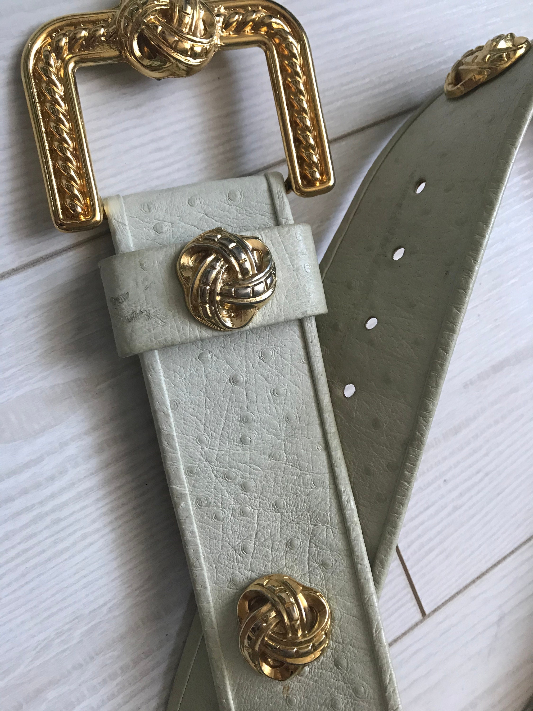 Vintage 80-s Ostrich Leather Wide Belt With Gold Metal 