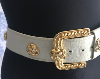 Vintage 80-s Ostrich leather Wide Belt with Gold Metal Buckle and chunky elements