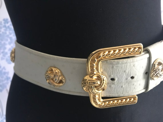 Vintage 80-s Ostrich Leather Wide Belt With Gold Metal  display picture 2