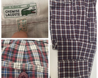 Vintage 1980s CHEMISE LACOSTE Hecho en Francia Plaid Pantalones ligeros de verano, Chinos, Pantalones talla L, 46 FR