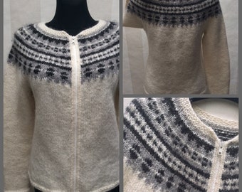 Handmade  Pure Wool Fair Isle Seamless Knitted Sweater, Zipped Cardigan fits S-M