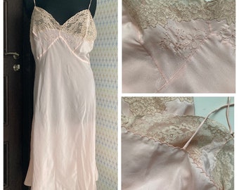 Vintage HANDMADE Pure Silk Peach Pink Night Dress, Lingerie with Lace Bust, fits size M-L