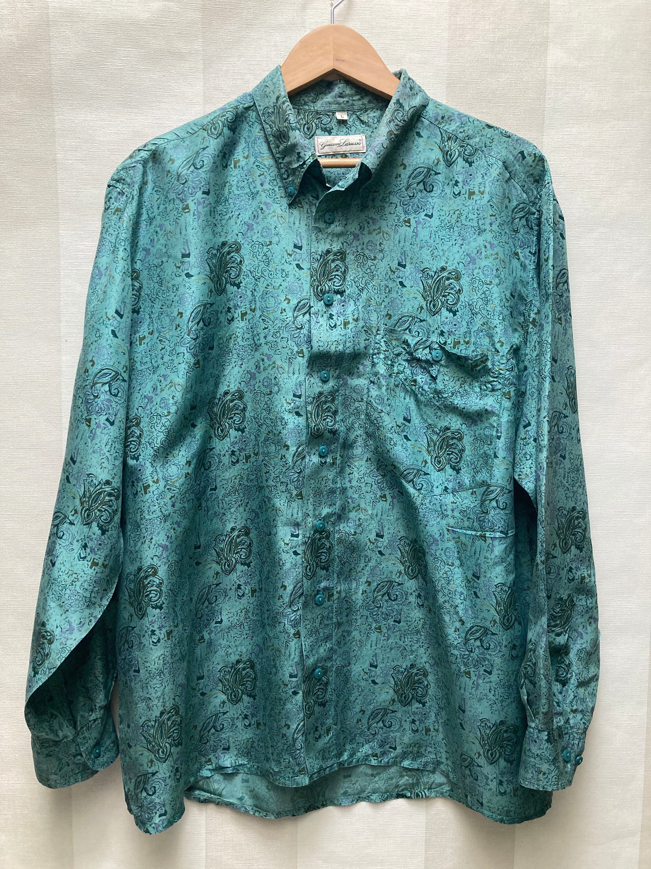 Turquoise Pure Satin Silk Shirt Style Collared Button Down Blouse