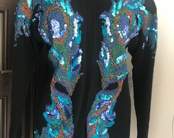 Vintage 80-90s OUTLANDER Sequin Knitted Long Cardigan made in Hong Kong, Lambswool, angora blend