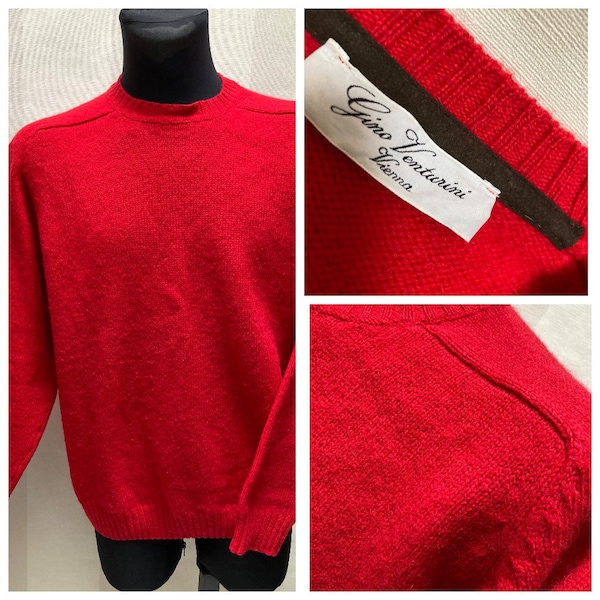 Vintage GINO VENTURINI Vienne Pure Shetland Wool Scarlet Red Men Knitted Pullover fits size L-XL