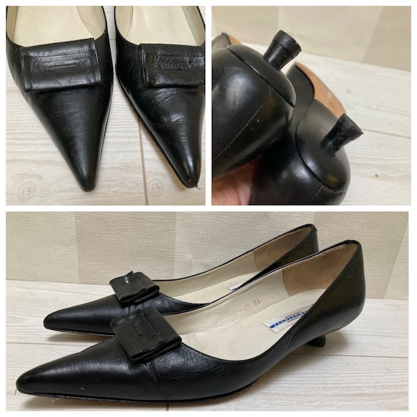 Y2K Bon Genie Grieder Black Leather Pointed Toe Kitten Heel Pump Shoes, Bow Front Detail size 36, US 5, UK 3