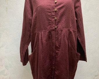 GUDRUN SJODEN Burgundy Zig-Zag Pattern Fabric  Midi Length Tunic, Dress size L-XL . Linen/Cotton. Large Side Pockets