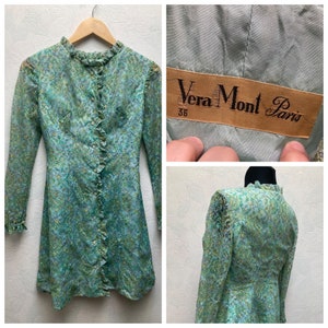 Vintage early 1960s VERA MONT Paris Button Front Mini Dress Paisley Sheer Fabric size 36, XS