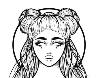 Printable PDF Coloring Page // "Saint" Space Buns E-Girl Portrait Illustration by Michael McNeill