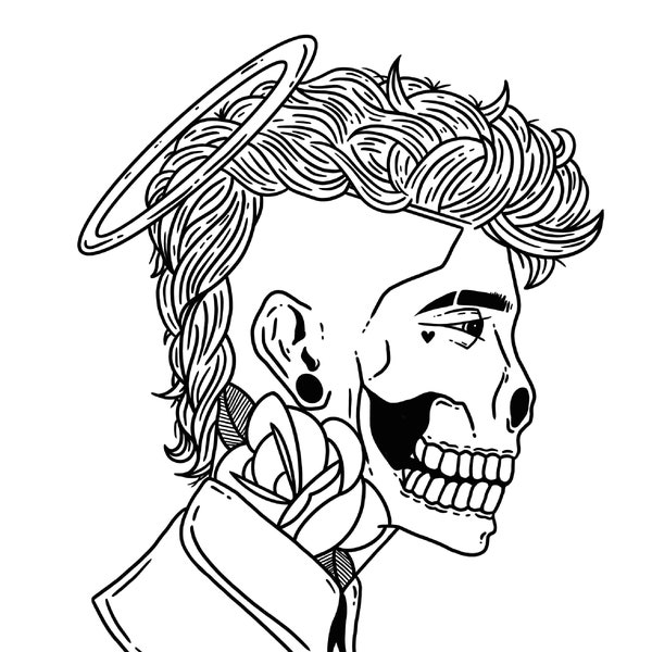 Printable PDF Coloring Page // "Goth Guy" Tattoo Inspired Gothic Skull Male Portrait Illustration by Michael McNeill
