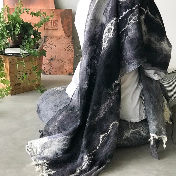 Large Tribal scarf, Poncho women Felted scarf wrap, Statement shawl, Black cape, Wool raw silk cape, Large Nuno felt scarf, Blanket scarf