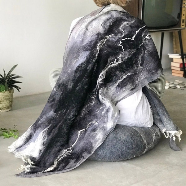 Black and white large cozy hand felted scarf with woolen locks, wool wrap, shawl, Large cape,  Nuno felt scarf, Blanket scarf, Ukraine shop