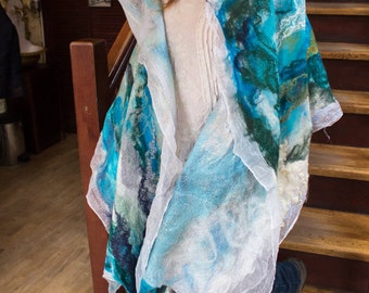 Large Turquoise Wool shawl, Bohemian Felted scarf,  Nuno felting Silk scarf, Ukraine shop