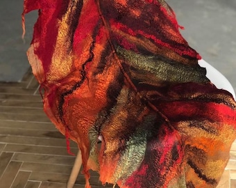 Fairy Feathers women's scarf, Multicolor silk scarf, Bohemian Inspired Style Felted wrap Woolen stole, Evening shawl, Ukraine shop