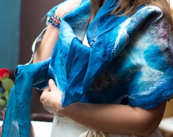 Summer Nuno Felted scarf felt shawl felt scarf merino wool silk dark blue turquoise felt spring scarf