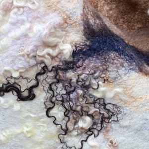 May include: Close-up of a textured fabric with a mix of white, brown, and black fibers. The fabric has a soft, fluffy appearance and a unique, abstract pattern.