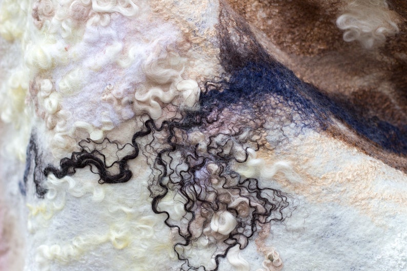 May include: Close-up of a textured fabric with a mix of white, brown, and black fibers. The fabric has a soft, fluffy appearance and a unique, abstract pattern.