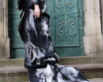 Nuno felted textured shawl, Unisex cape, Large Black scarf, hooded scarf, black wrap, Black cape, Ukraine shop