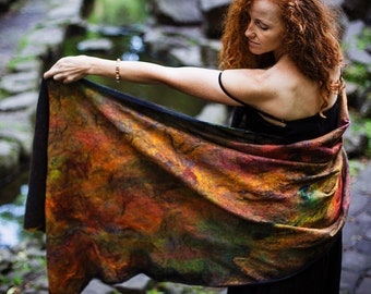 Shawl in fall colors, Designer silk scarf, Large Art shawl, Nuno felted shawl, Wool tippet, Nuno felted wrap, Fall Nunofelt Scarf