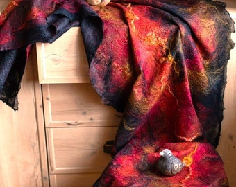 Designer silk scarf, Dark red Nuno felted shawl, Large felted wrap,