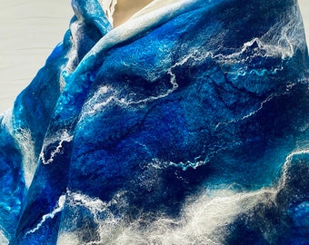 Blue Nuno Felted Scarf, Merino Wool Silk Shawl, Bridal Wrap