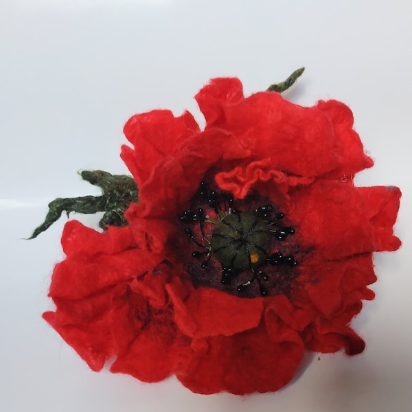 Large flower brooch, Hand Felted Brooch, Large Poppy Red Flower Hand Felted Brooch Wool felt jewelry Felted hair pin, Ukraine shop