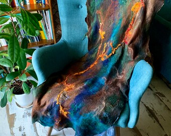 Designer silk scarf, Large Art shawl, Nuno felted shawl, Wool tippet, Nuno felted wrap, Ukraine shop